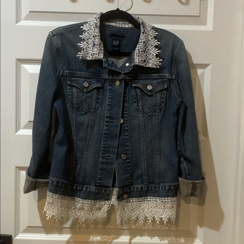 GAP Women's Dark Blue Denim Jacket with White Lace